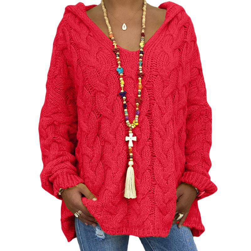 Damen nan oversized Kapuzenpullover mit Zopfmuster, tiefem V-Ausschnitt und seitlichen Schlitzen Echo Archiv