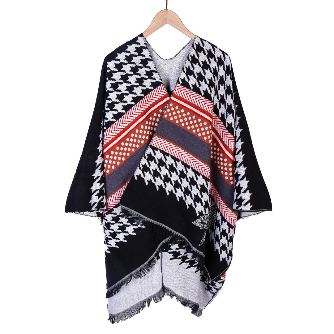 Damen Oversize-Ruana mit Hahnentritt-Jacquard und Fransensaum Echo Archiv