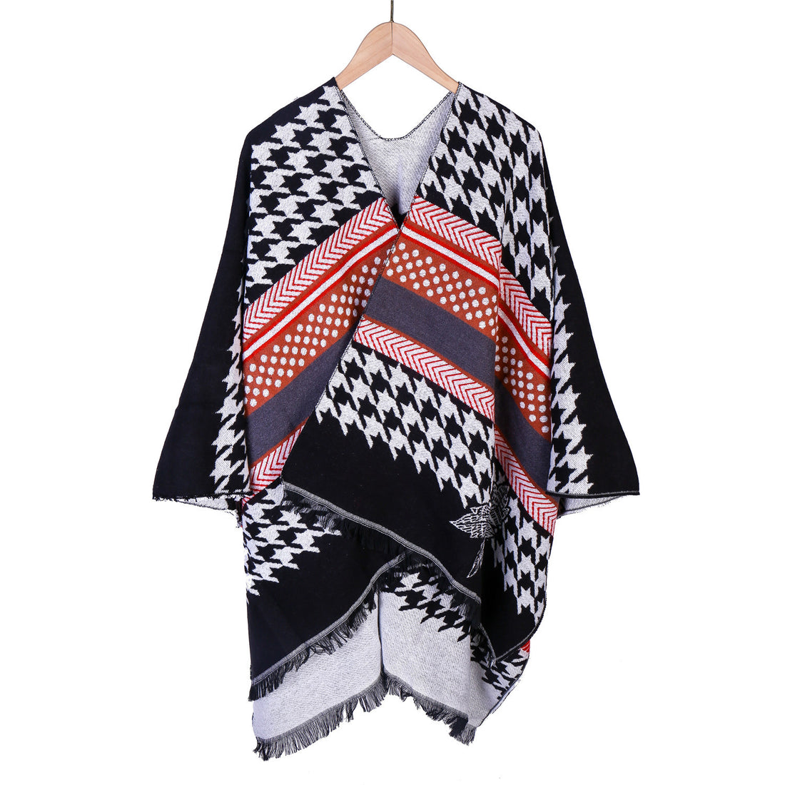 Damen Oversize-Ruana mit Hahnentritt-Jacquard und Fransensaum – Avérine