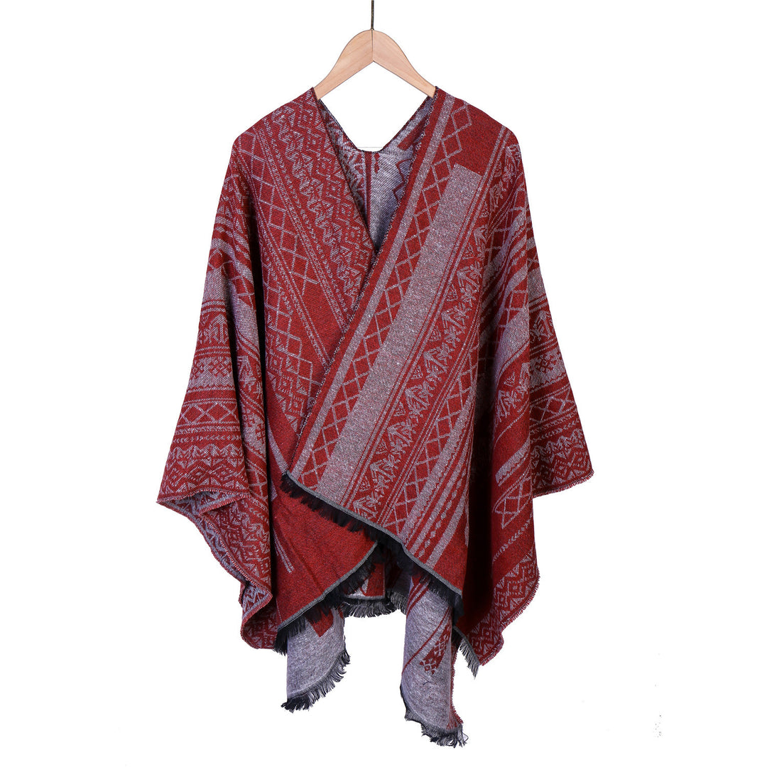 Damen Ruana-Poncho im kastigen Kimono-Fall mit feiner Jacquard‑Webstruktur und Fransensaum Echo Archiv