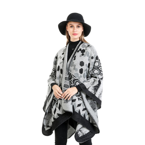 Damen Gemusterter Jacquard-Ruana-Überwurf mit V-Ausschnitt und Kettelnaht Echo Archiv