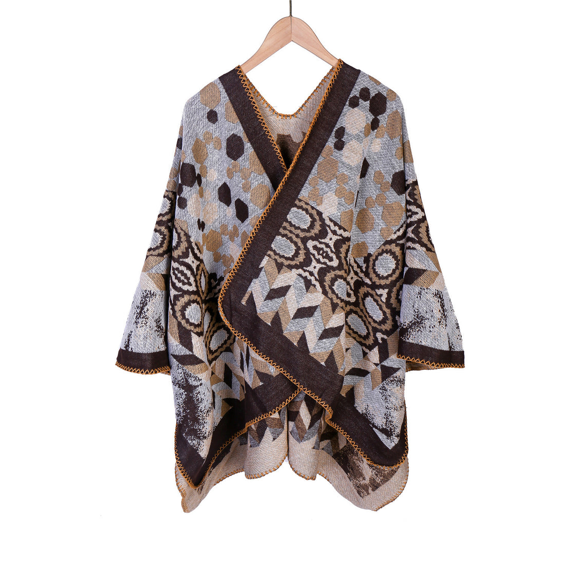 Damen Gemusterter Jacquard-Ruana-Überwurf mit V-Ausschnitt und Kettelnaht – Veloura