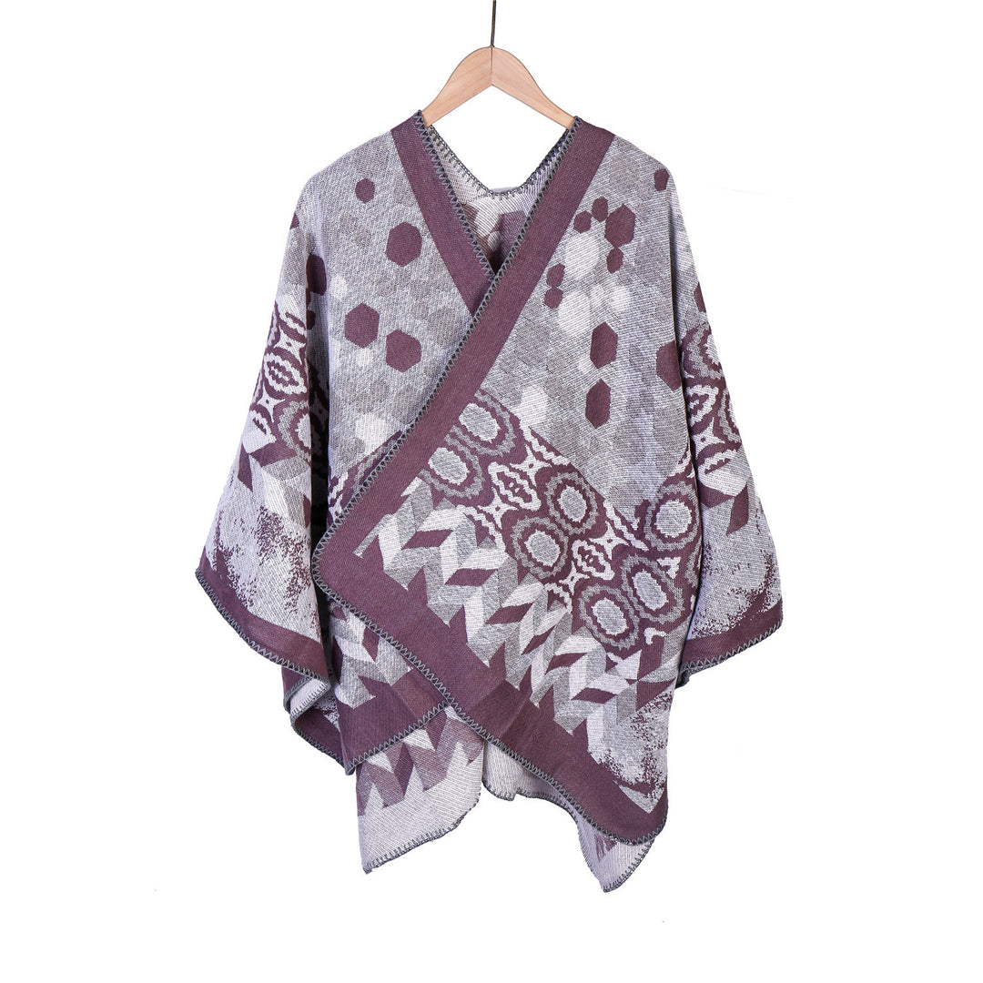 Damen Gemusterter Jacquard-Ruana-Überwurf mit V-Ausschnitt und Kettelnaht Echo Archiv