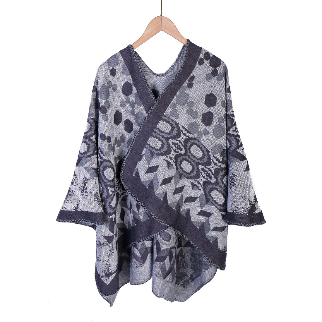 Damen Gemusterter Jacquard-Ruana-Überwurf mit V-Ausschnitt und Kettelnaht – Veloura