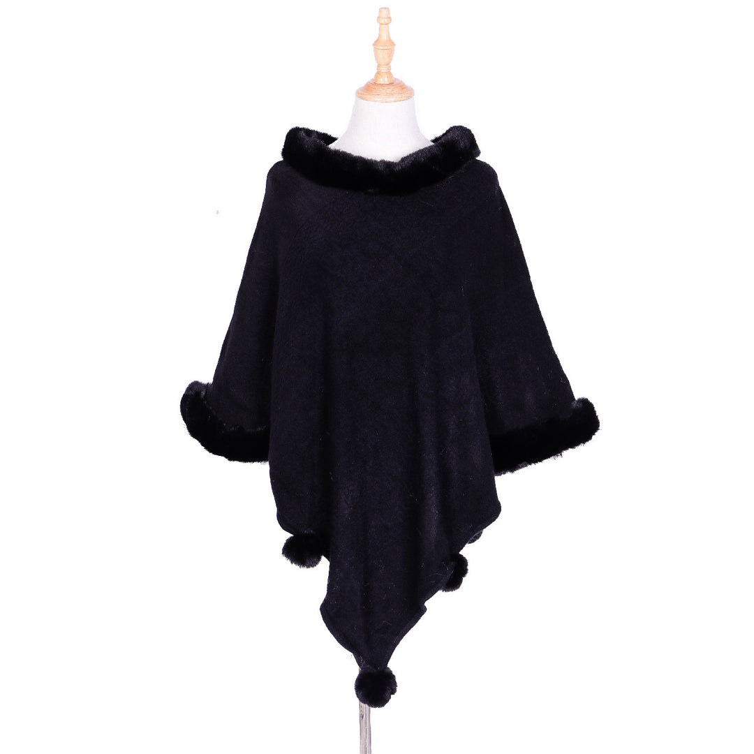 Damen Ruana-Poncho mit Kunstfellbesatz, Kaschmir-Touch und Bommel-Saum – Célinea