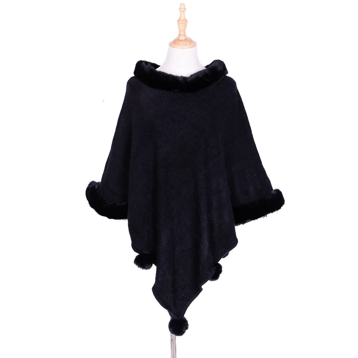 Damen Ruana-Poncho mit Kunstfellbesatz, Kaschmir-Touch und Bommel-Saum – Célinea