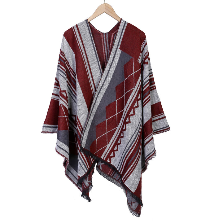 Damen Jacquard-Ruana im Oversize-Kimono mit Fransen und geometrischem Muster Echo Archiv