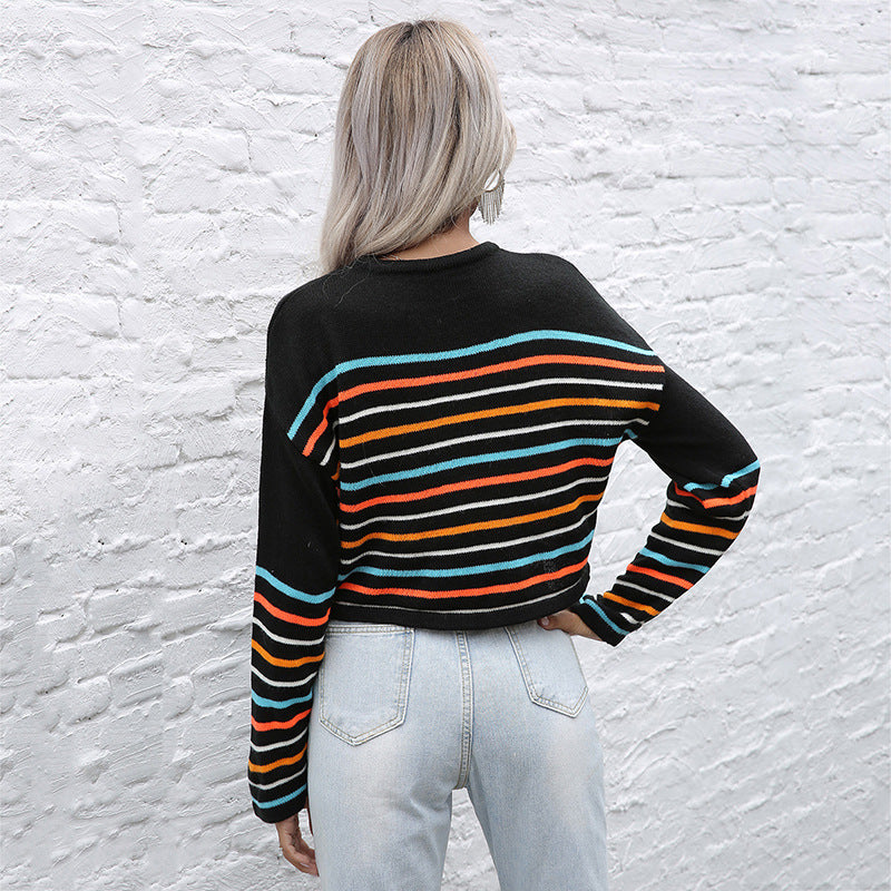 Damen Cropped Feinstrickpullover mit bunten Blockstreifen Echoarchiv