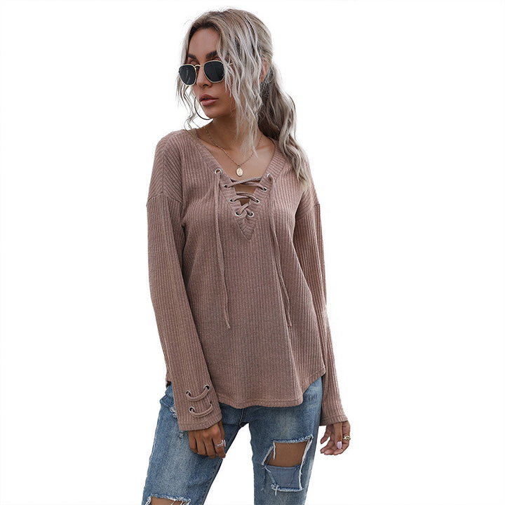 Damen Gerippter V-Ausschnitt Pullover mit Schnürdetail und lockerer Passform Echoarchiv