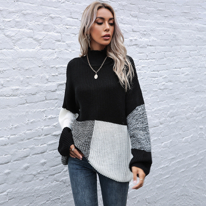 Damen Oversize-Feinstrickpullover im Blockpatch-Design mit Stehkragen Echoarchiv
