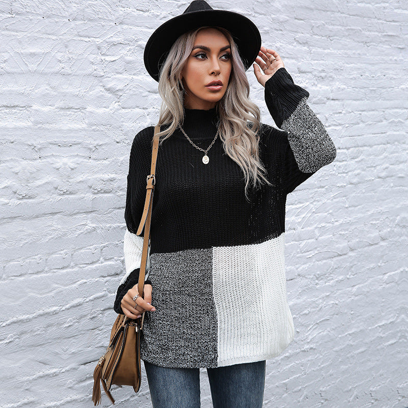 Damen Oversize-Feinstrickpullover im Blockpatch-Design mit Stehkragen Echoarchiv