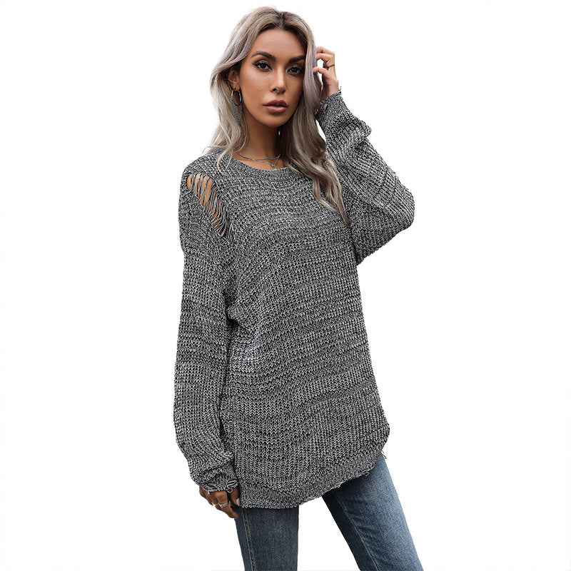 Damen Oversize-Strickpullover mit grobem Strukturstrick, asymmetrischem Saum und Used‑Look Echoarchiv