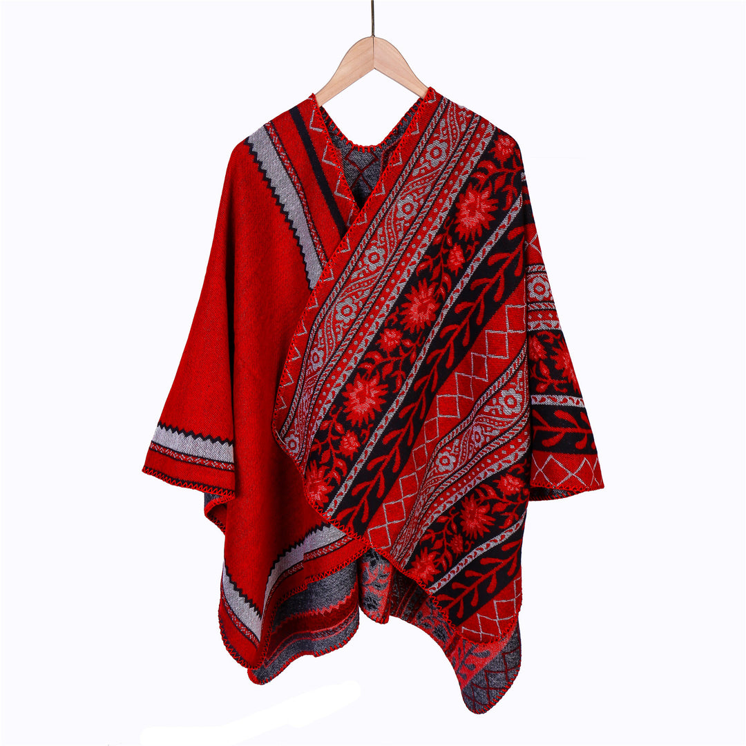 Damen Oversize-Ruana-Poncho mit Ornament-Jacquard und gehäkelter Kettelnaht Echo Archiv