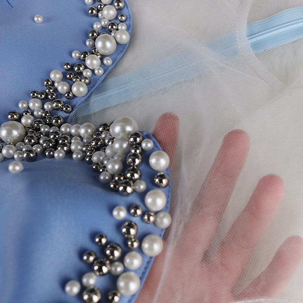 Damen glamouröses Cocktailkleid mit transparenten Puffärmeln und Rüschensaum Echo Archiv