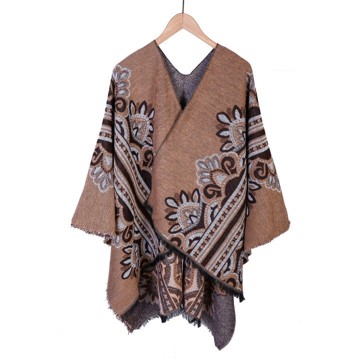 Damen Boho-Ruana mit floralem Ornamentjacquard und ausgefranster Kante – Montévia