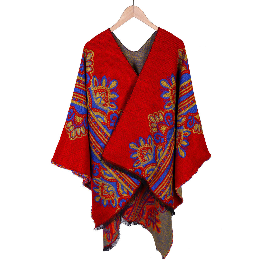 Damen Boho-Ruana mit floralem Ornamentjacquard und ausgefranster Kante – Montévia