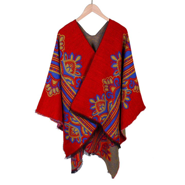 Damen Boho-Ruana mit floralem Ornamentjacquard und ausgefranster Kante – Montévia