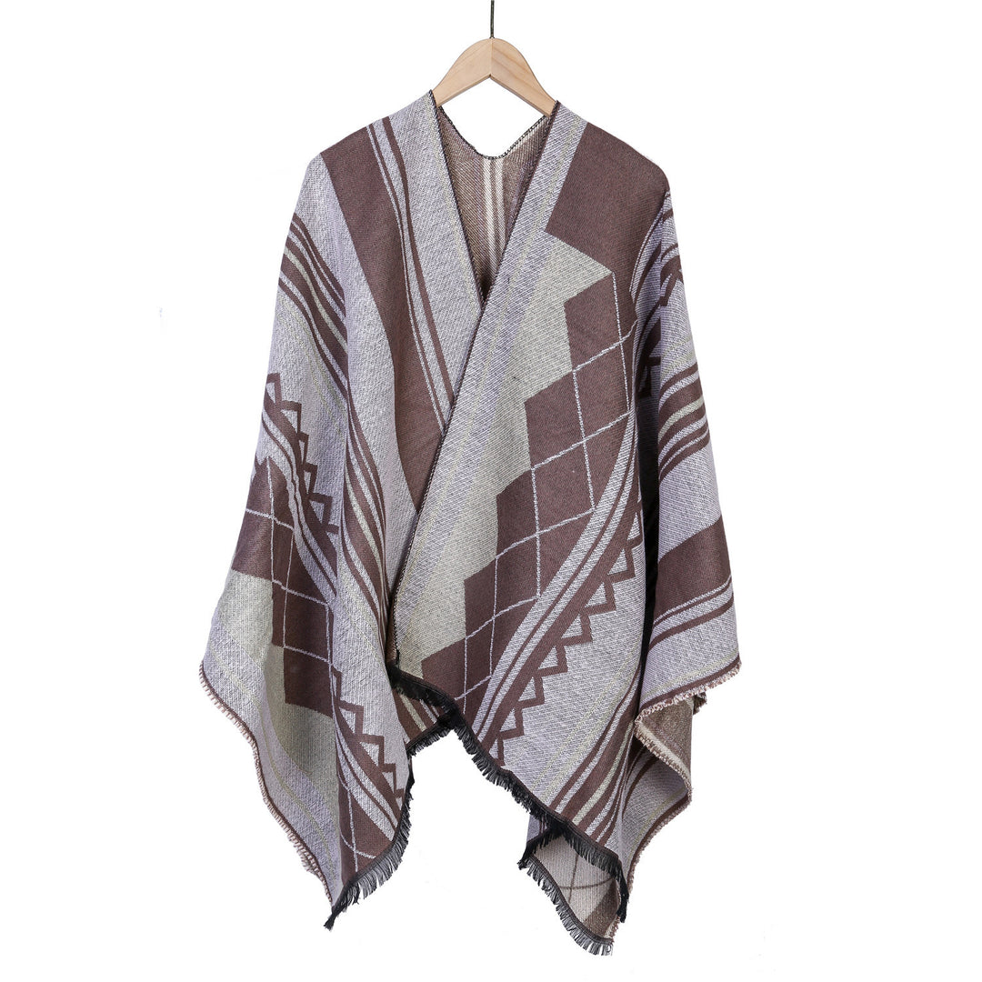 Damen Jacquard-Ruana im Oversize-Kimono mit Fransen und geometrischem Muster Echo Archiv