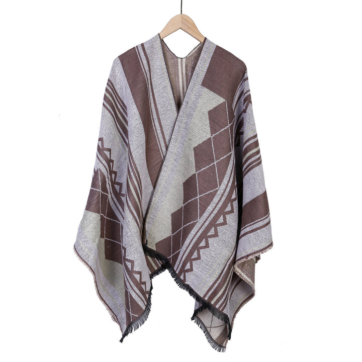 Damen Jacquard-Ruana im Oversize-Kimono mit Fransen und geometrischem Muster Echo Archiv