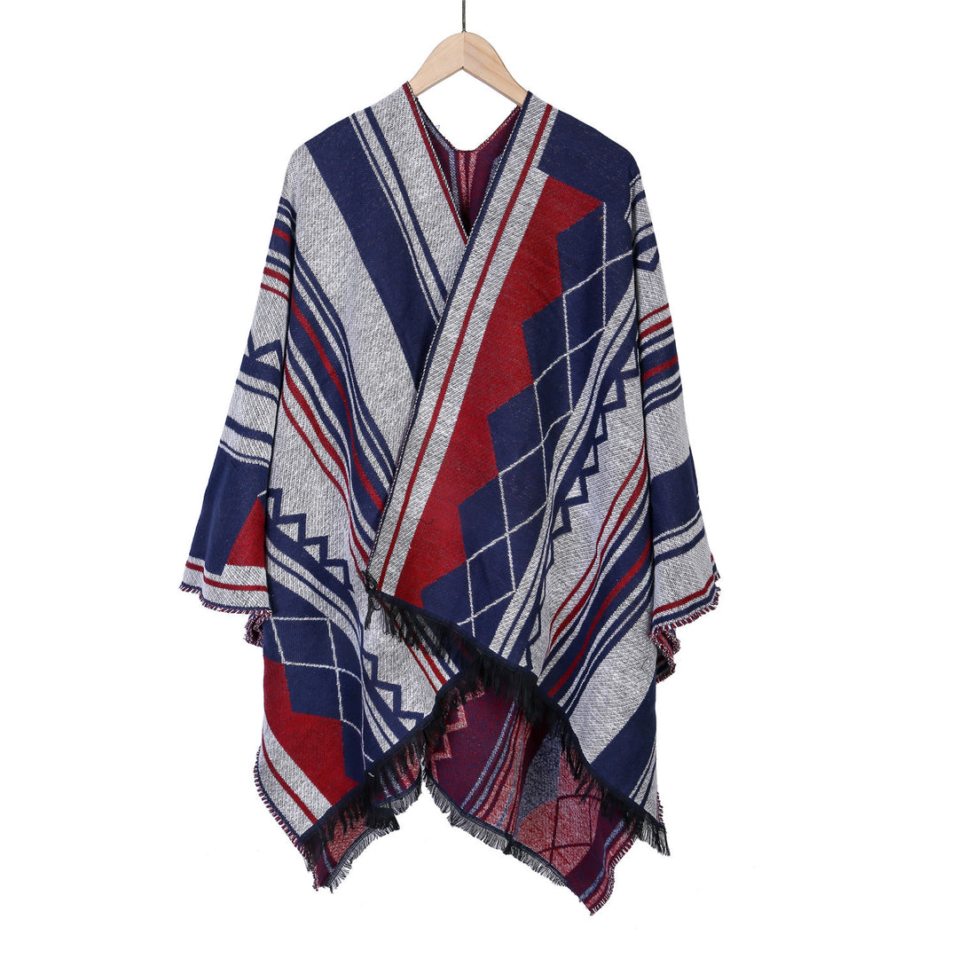 Damen Jacquard-Ruana im Oversize-Kimono mit Fransen und geometrischem Muster Echo Archiv