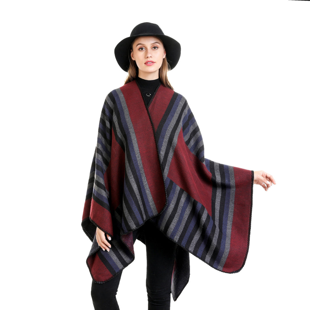 Damen Wendefreundliche Ruana im Oversize mit diagonalen Blockstreifen und dekorativer Zierkante – Avérine