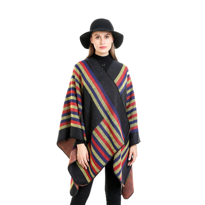 Damen Wendefreundliche Ruana im Oversize mit diagonalen Blockstreifen und dekorativer Zierkante – Avérine