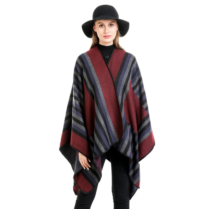 Damen Wendefreundliche Ruana im Oversize mit diagonalen Blockstreifen und dekorativer Zierkante – Avérine
