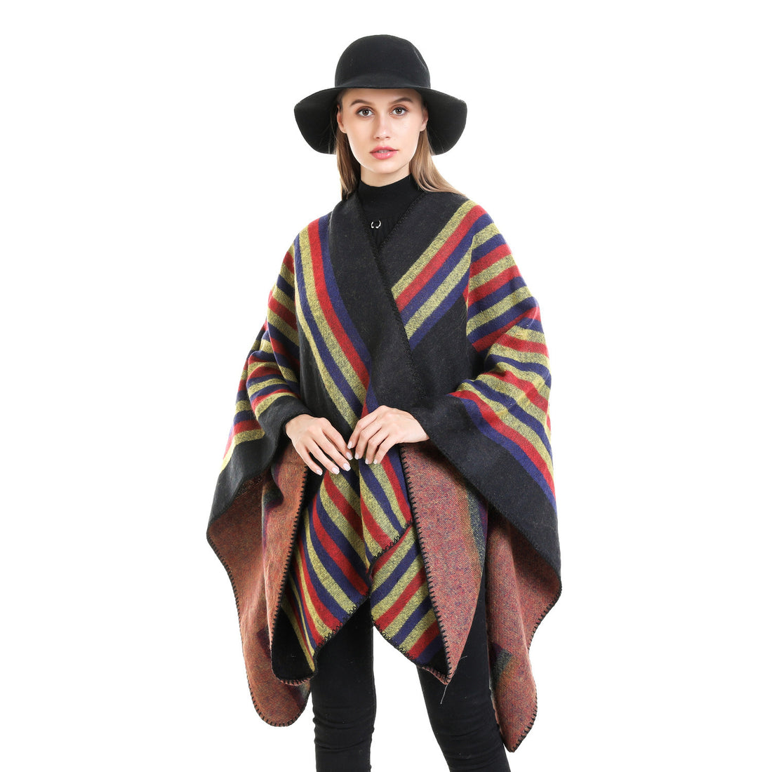 Damen Wendefreundliche Ruana im Oversize mit diagonalen Blockstreifen und dekorativer Zierkante – Avérine