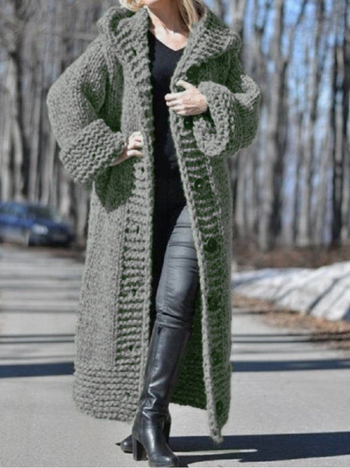 Damen Oversize Grobstrick Maximantel mit Kapuze und Knopfleiste Echo Archiv