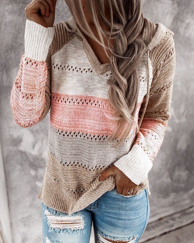 Damen Lockerer Strickkapuzenpullover mit Lochmuster und Eingrifftasche – Auréline