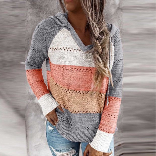 Damen Lockerer Strickkapuzenpullover mit Lochmuster und Eingrifftasche – Auréline