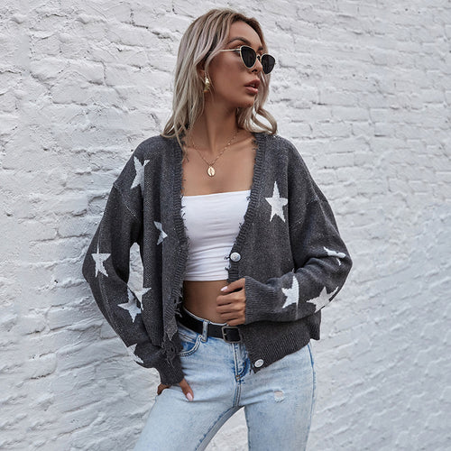 Damen Kurzgeschnittener V‑Ausschnitt Strickcardigan mit Sternen‑Jacquard und Fransenbesatz – Veloura