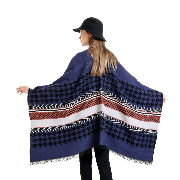 Damen Oversize-Ruana mit Hahnentritt-Jacquard und Fransensaum Echo Archiv