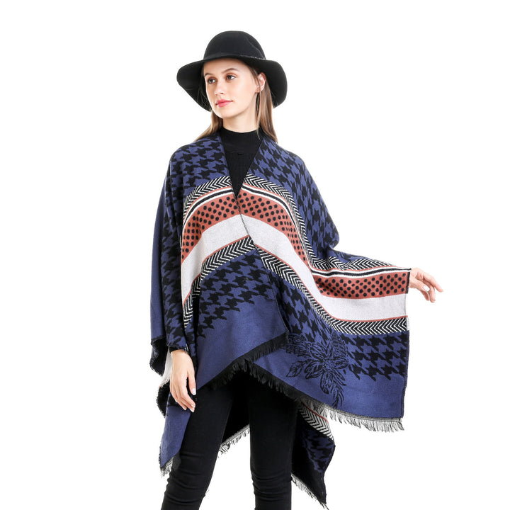 Damen Oversize-Ruana mit Hahnentritt-Jacquard und Fransensaum Echo Archiv