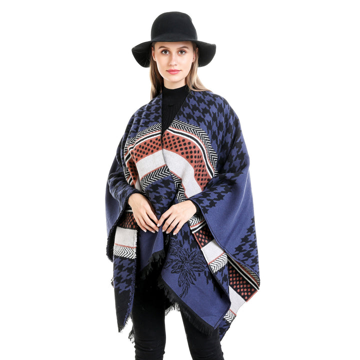 Damen Oversize-Ruana mit Hahnentritt-Jacquard und Fransensaum Echo Archiv