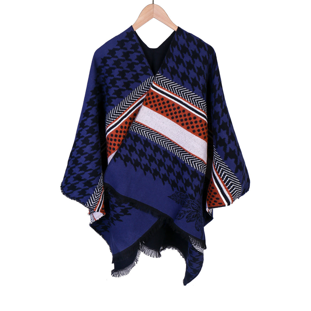 Damen Oversize-Ruana mit Hahnentritt-Jacquard und Fransensaum Echo Archiv