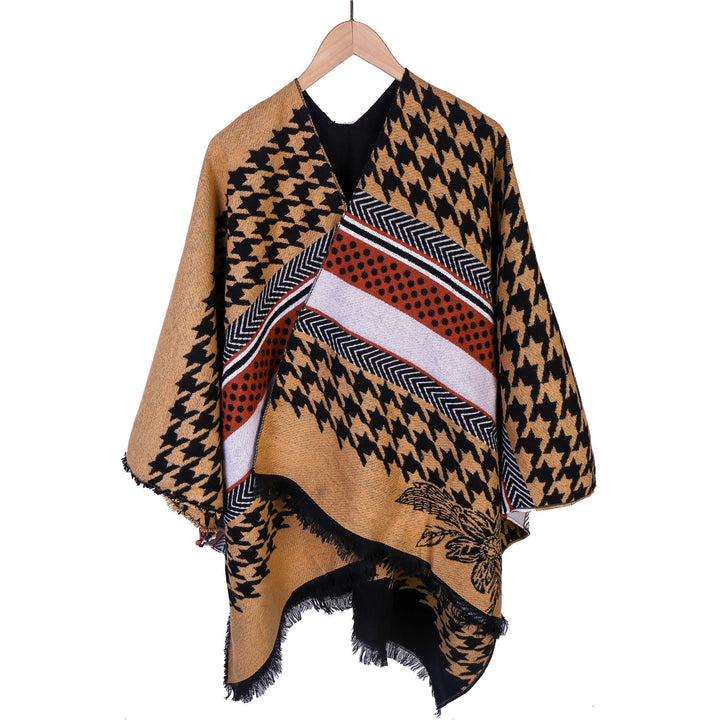 Damen Oversize-Ruana mit Hahnentritt-Jacquard und Fransensaum Echo Archiv