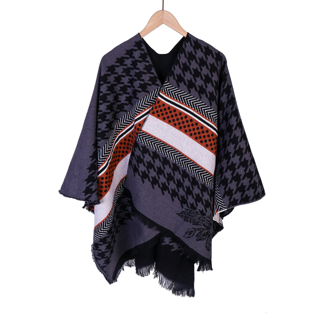 Damen Oversize-Ruana mit Hahnentritt-Jacquard und Fransensaum Echo Archiv