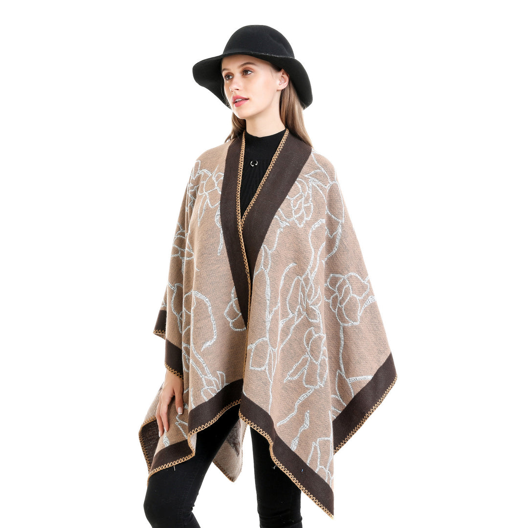Damen Oversize-Strickruana mit floraler Kontraststickerei Echo Archiv