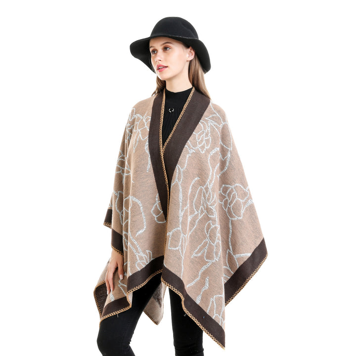 Damen Oversize-Strickruana mit floraler Kontraststickerei Echo Archiv