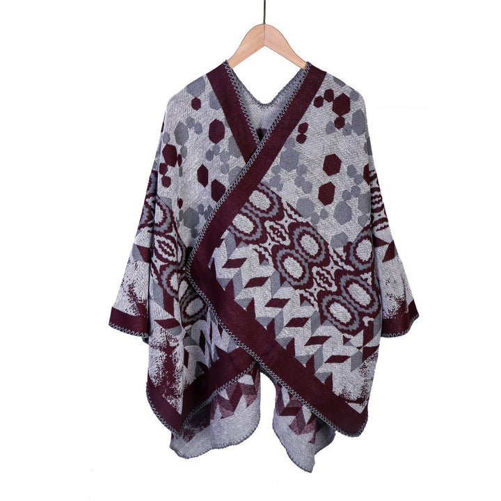 Damen Gemusterter Jacquard-Ruana-Überwurf mit V-Ausschnitt und Kettelnaht Echo Archiv