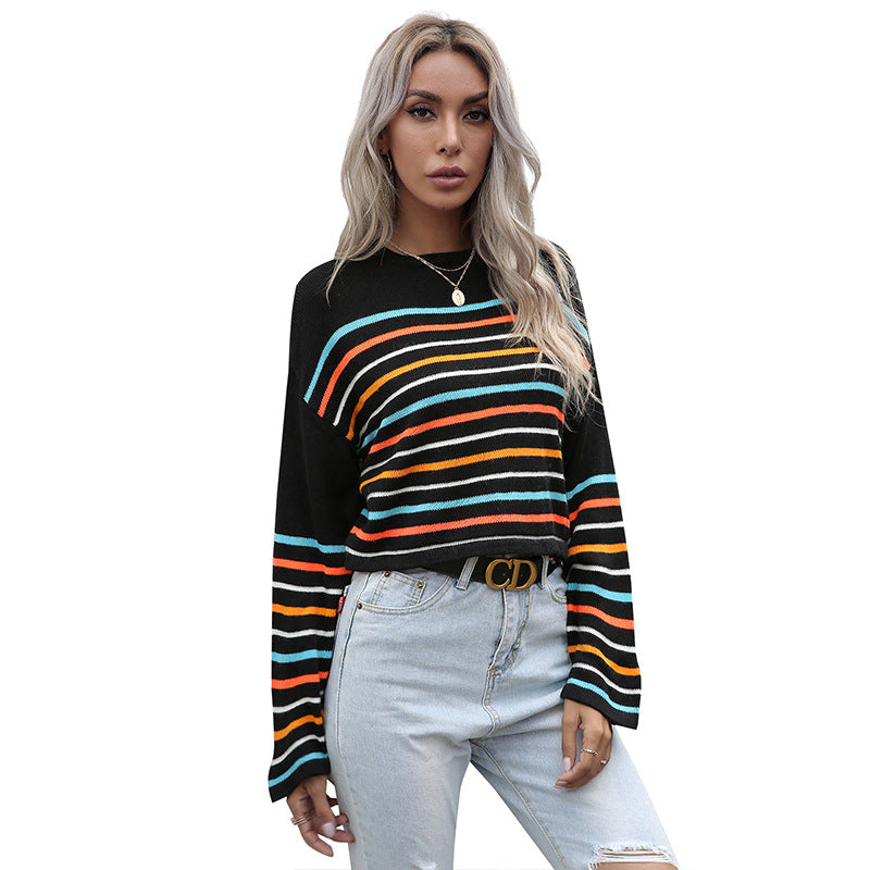 Damen Cropped Feinstrickpullover mit bunten Blockstreifen Echoarchiv