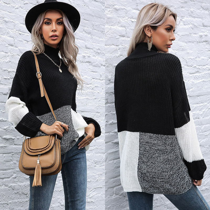 Damen Oversize-Feinstrickpullover im Blockpatch-Design mit Stehkragen Echoarchiv