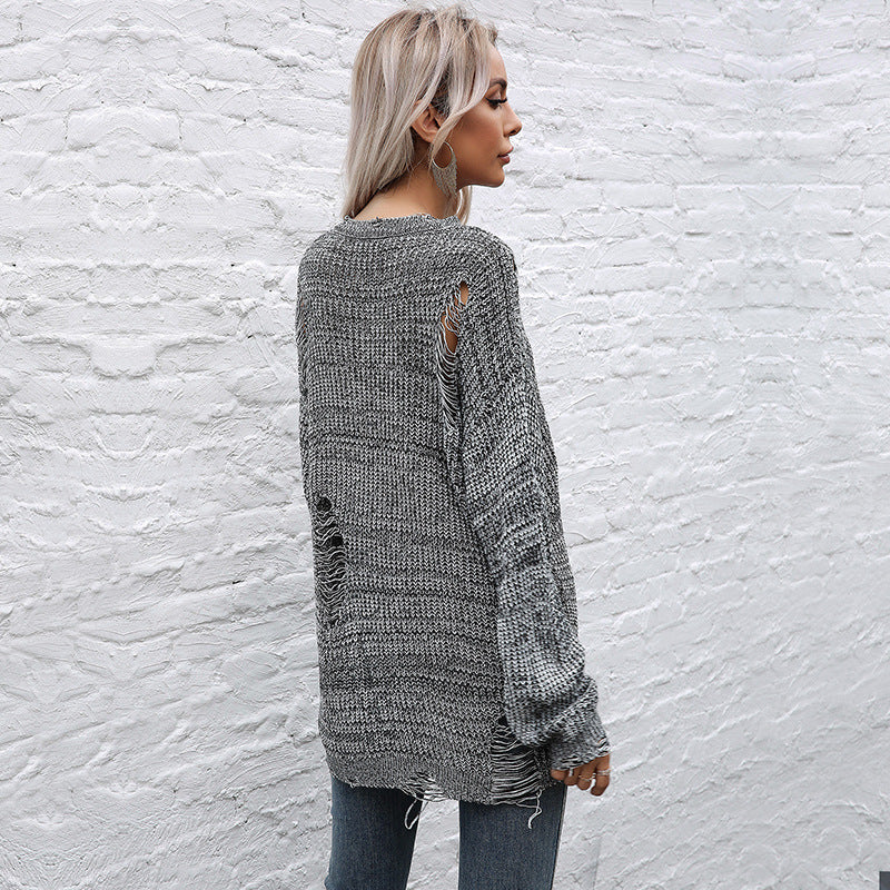 Damen Oversize-Strickpullover mit grobem Strukturstrick, asymmetrischem Saum und Used‑Look Echoarchiv