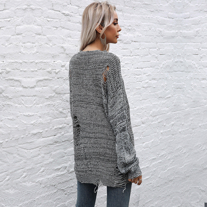 Damen Grobgestrickter Oversize-Pullover mit offenen Maschen, rohem Saum und Rundhalsausschnitt Echoarchiv