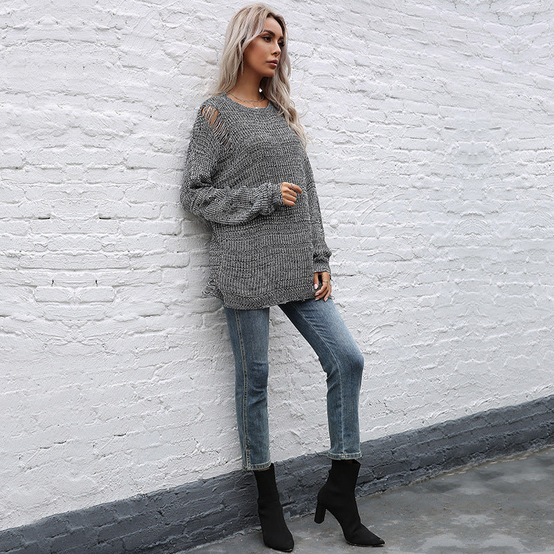 Damen Oversize-Strickpullover mit grobem Strukturstrick, asymmetrischem Saum und Used‑Look Echoarchiv
