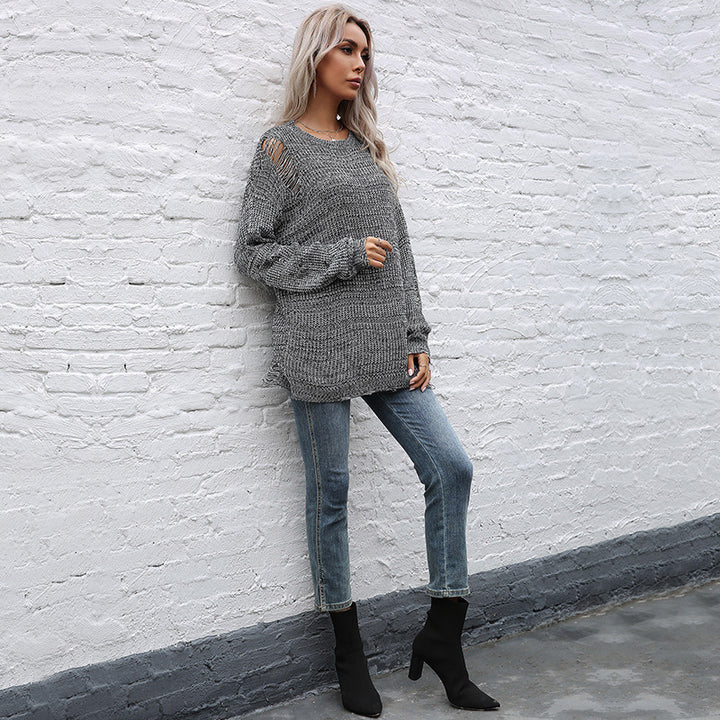 Damen Oversize-Strickpullover mit grobem Strukturstrick, asymmetrischem Saum und Used‑Look Echoarchiv