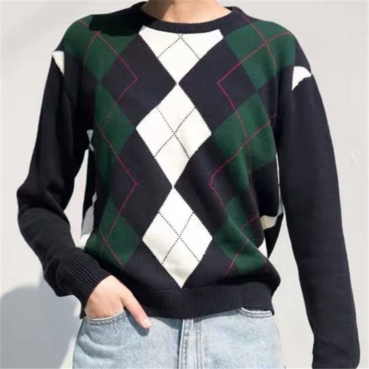 Damen nan Argyle Strickpullover mit Rundhalsausschnitt und geripptem Bund Echo Archiv