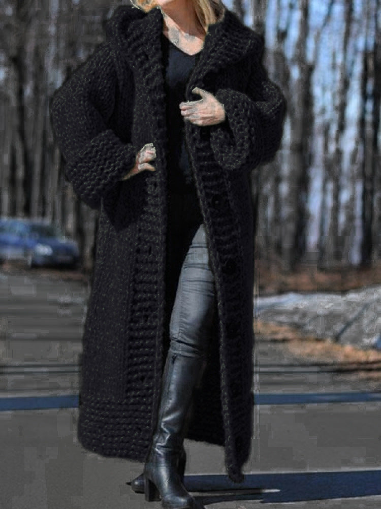 Damen Oversize Grobstrick Maximantel mit Kapuze und Knopfleiste Echo Archiv