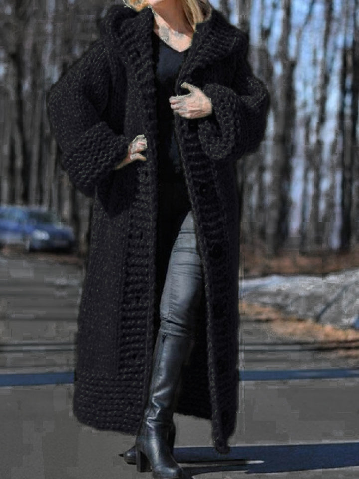 Damen Oversize Grobstrick Maximantel mit Kapuze und Knopfleiste Echo Archiv